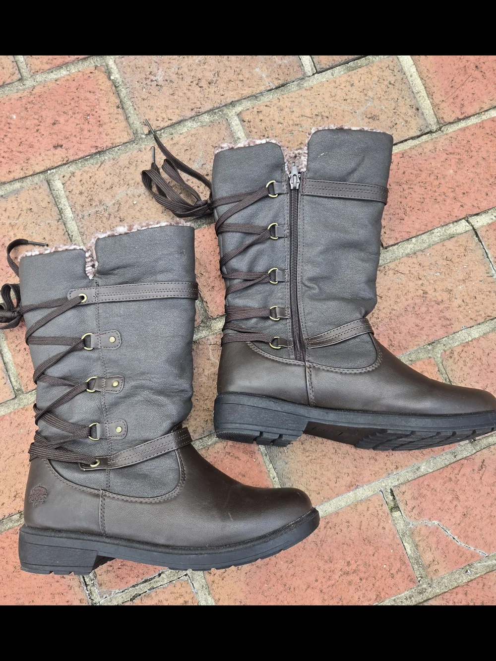 totes Brown Lace-Up/ Side Zipper Winter Rain Boots Sz 10